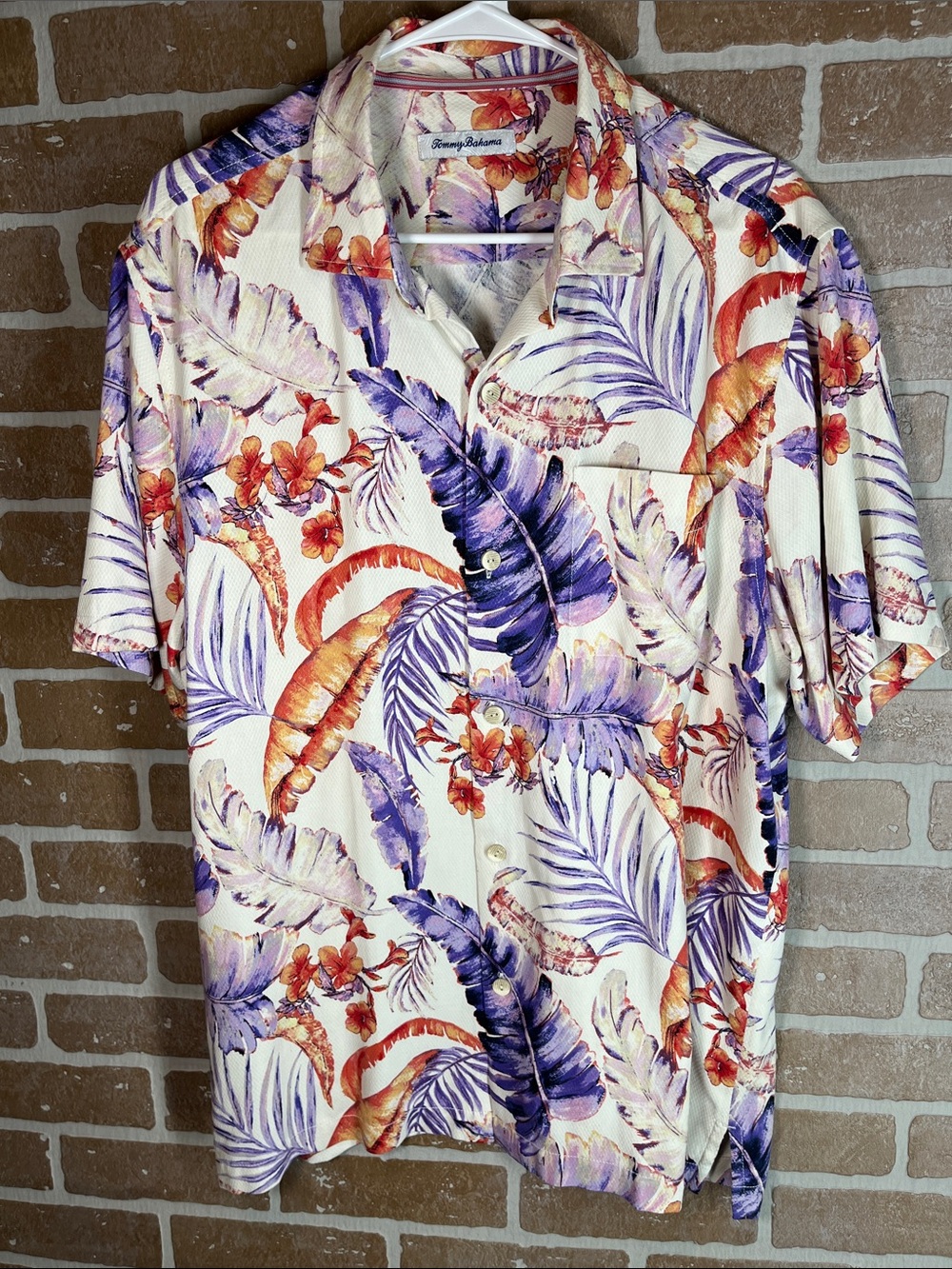 Tommy Bahama Silk Shirt Large Blue Palm Print Camp Hawaiian Button Up